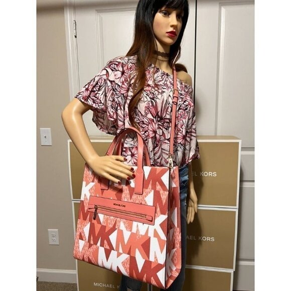 Michael Kors Kenly Tote Large MK Signature Purse Bag Sherbert Multi - Picture 12 of 12